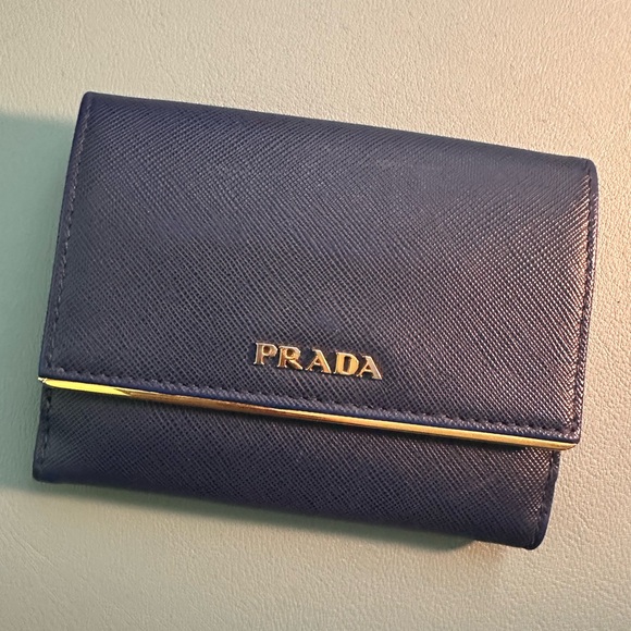 Auth PRADA blue Saffiano leather compact wallet - Picture 1 of 6